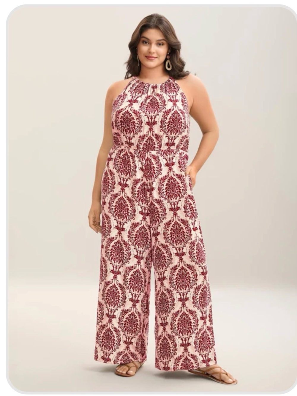NWT Bloom Chic 14-16 Plus-Size Sleeveless Halter Jumpsuit in Burgundy Print